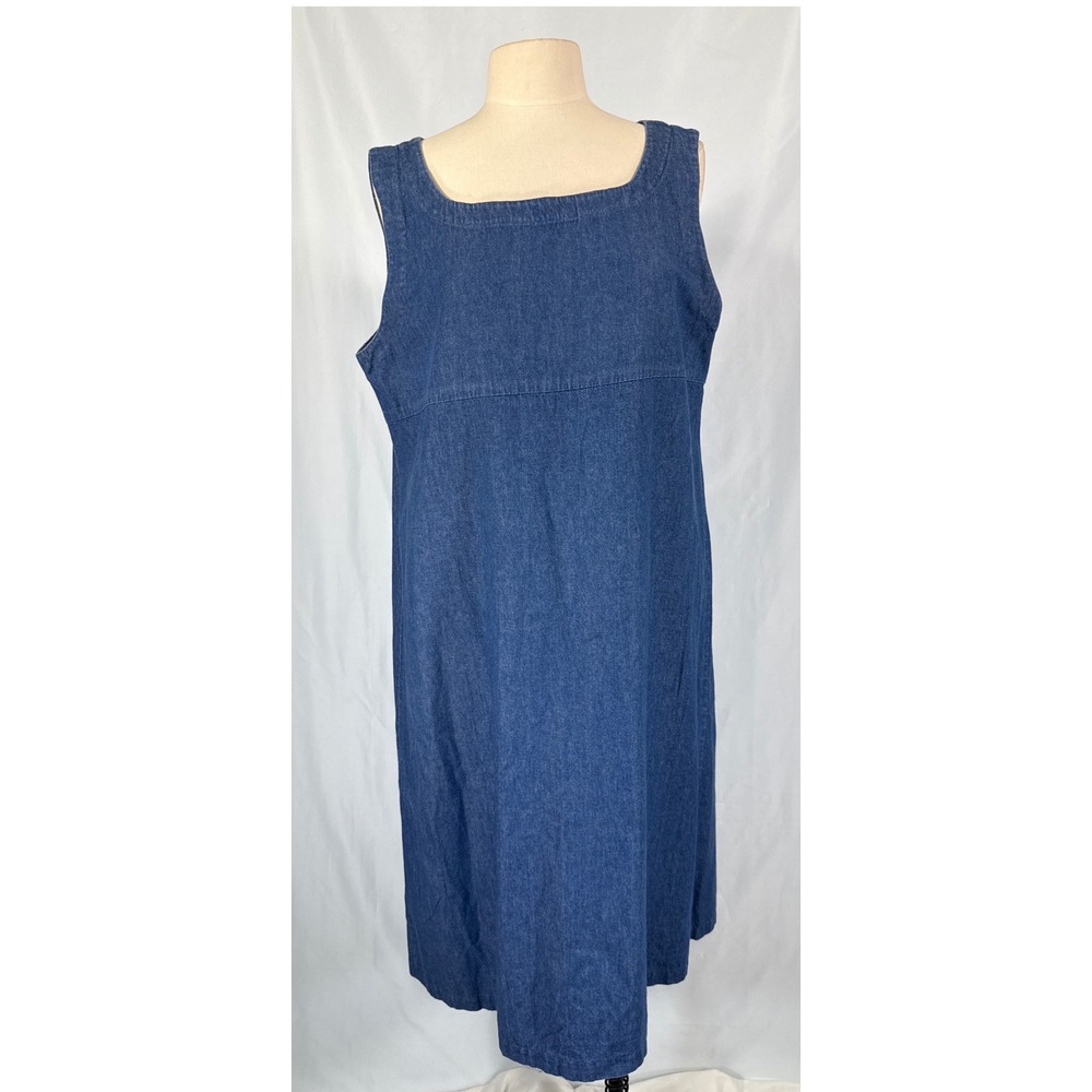 Vintage Style Blue Denim Jumper Dress Square Neck Sleeveless Midi Shift 44 bust